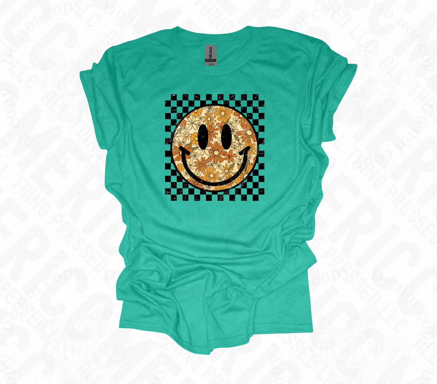 Floral Smiley Face Black Glitter Checkered Tee