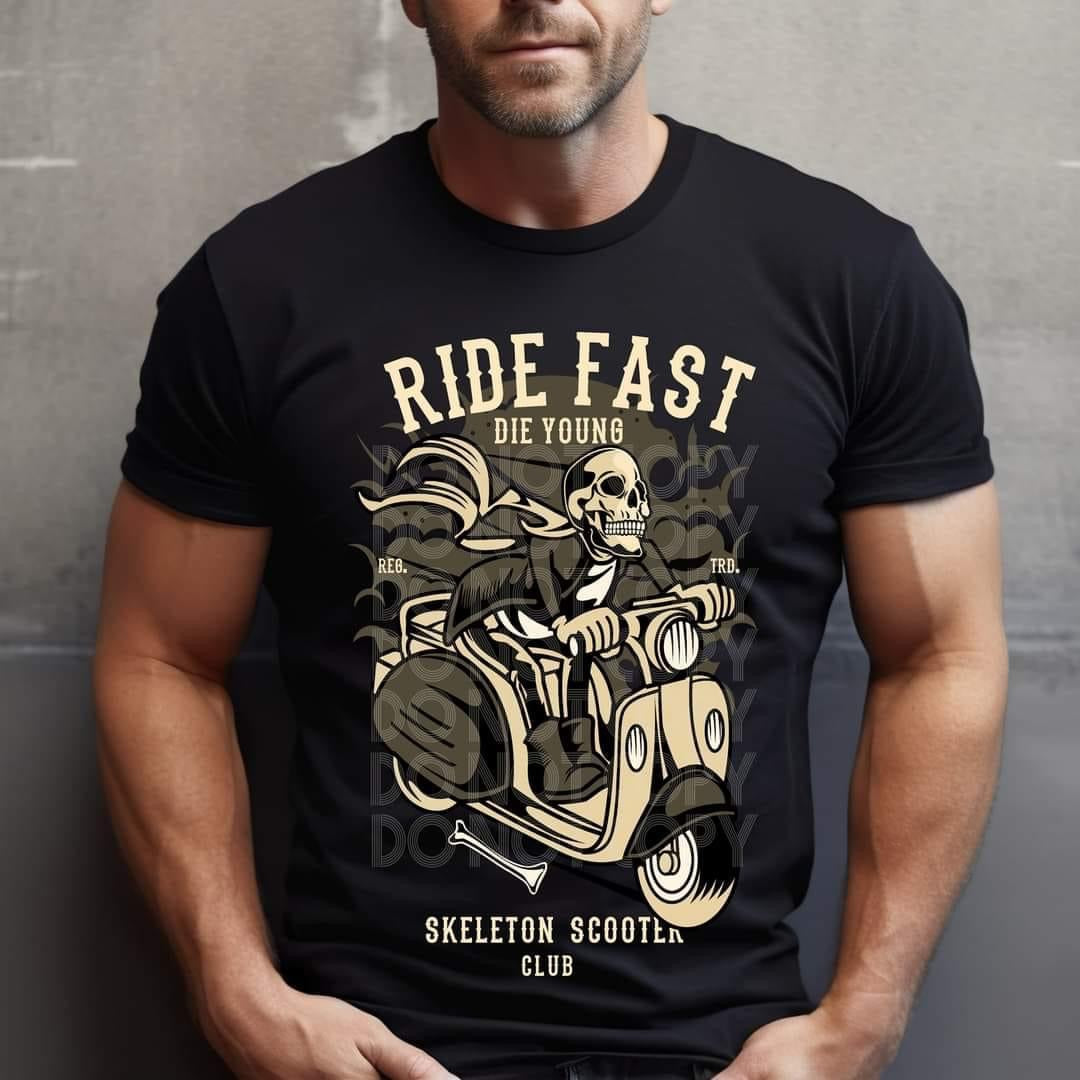 Ride Fast Die Young Skeleton Scooter Club Tee